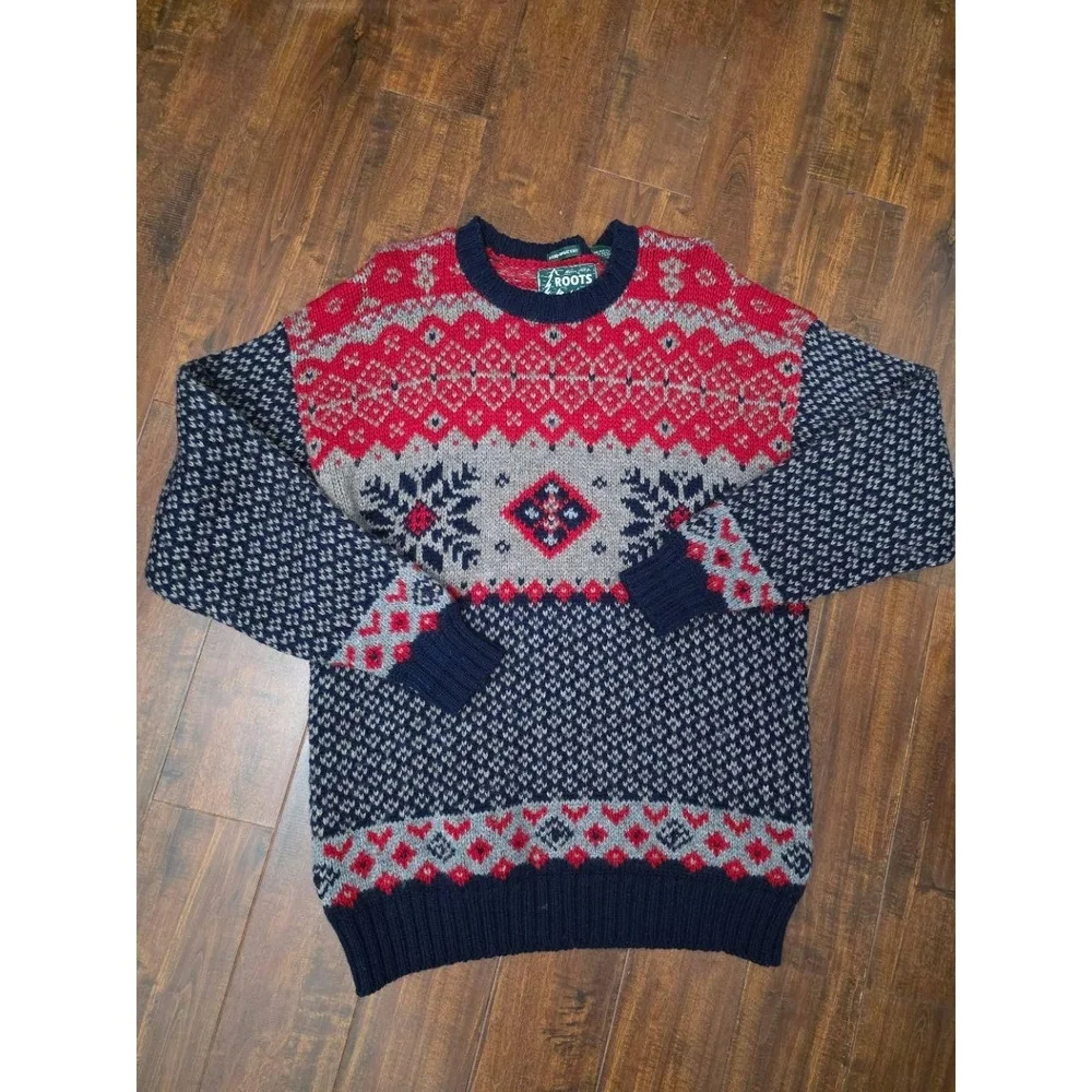Roots Outdoors Canadian 100% Wool Mens Medium‎ Fair Isle Crew Neck Sweater